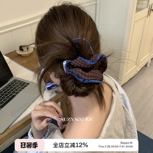 suzyacc kr复古丝绒格子发圈氛围感撞色高级小肠圈盘发皮筋头绳女