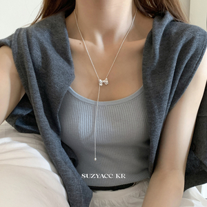 suzyacc kr纯银蝴蝶结抽拉毛衣链女2024新款简约小众高级感长项链