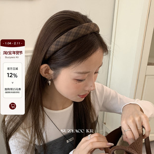 suzyacc kr复古咖色格子发箍日系学院风质感高级头箍百搭通勤发饰