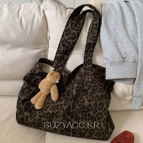 suzyacc kr秋冬豹纹帆布包轻便大容量韩系慵懒通勤单肩手提托特包