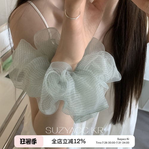 suzyacc kr浪漫欧根纱格子大号发圈显脸小法式复古简约头花发饰