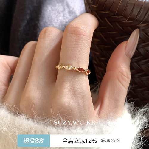 suzyacc kr红色滴釉菱格水钻戒指新年圣诞氛围感食指戒复古指环女