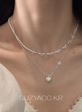 suzyacc kr仿珍珠爱心吊坠叠戴项链气质小众设计感锁骨链2026年新