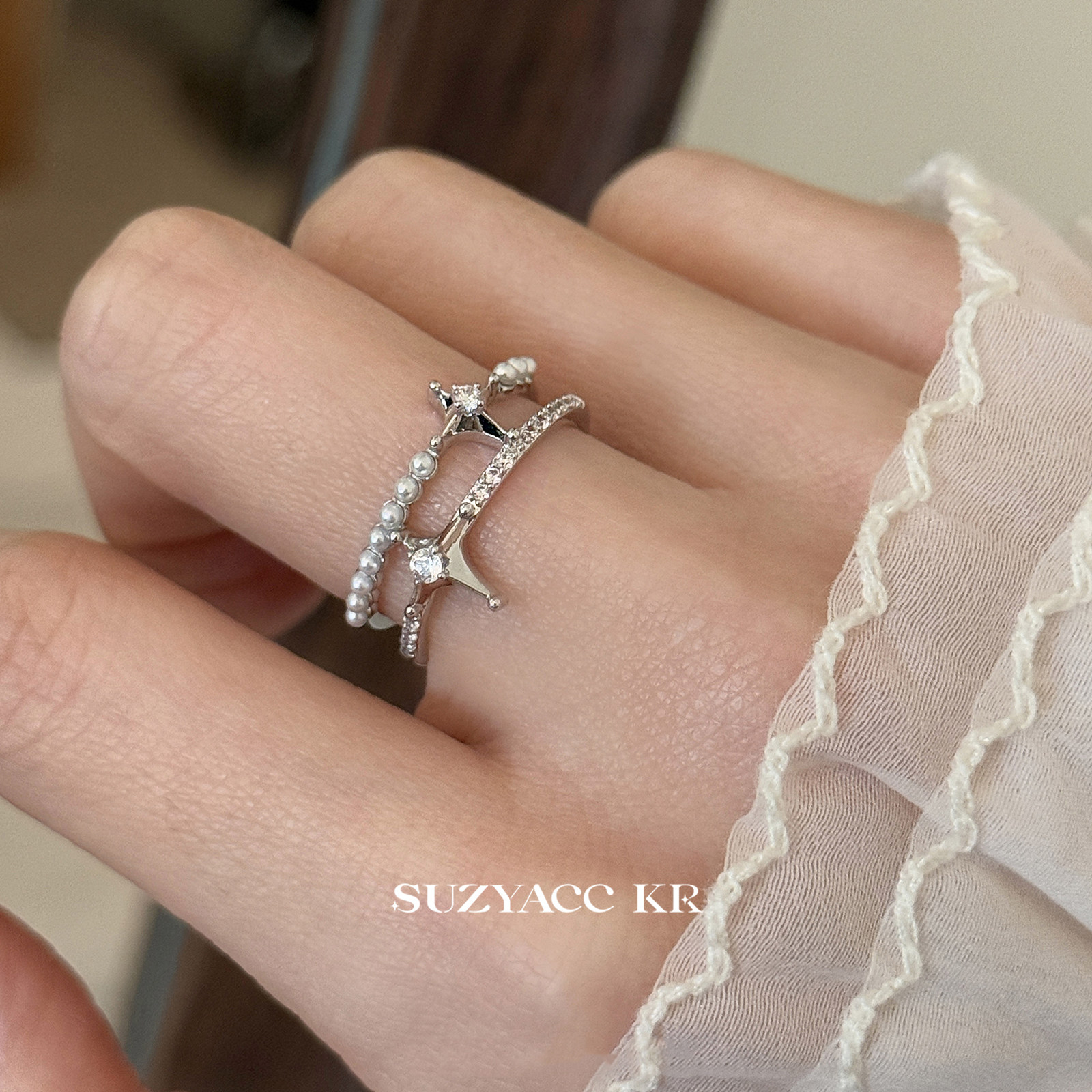 suzyacc kr四芒星仿珍珠合成锆石双层戒指个性小众设计感食指戒