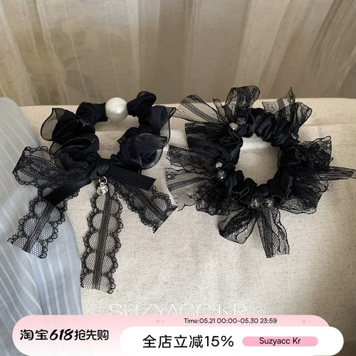 suzyacc kr蕾丝珍珠蝴蝶结不伤发发圈头绳复古小众气质高级皮筋女