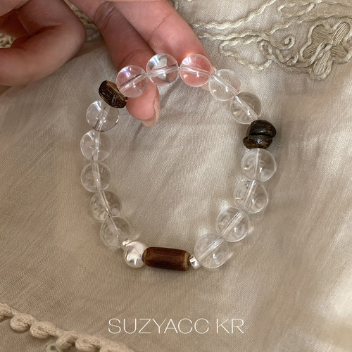 suzyacc kr纯银白水晶木质手串ins冷淡风简约百搭高级感串珠手饰