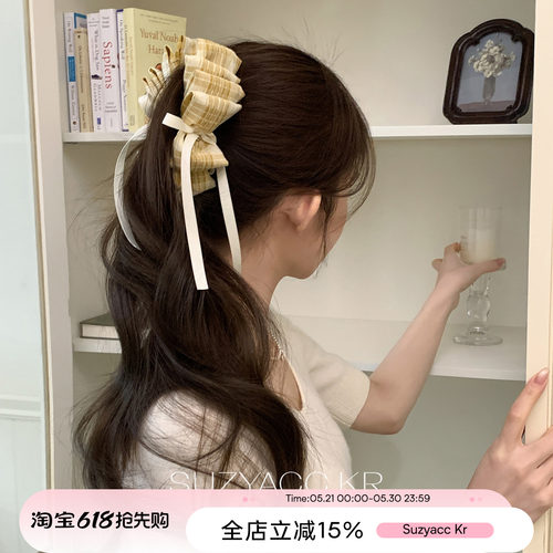 suzyacc kr早春明媚黄色系格纹发夹女蝴蝶结香蕉夹后脑勺高马尾夹