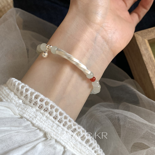 suzyacc kr足银玉石弯管手链禅意手饰中式温柔复古精致百搭手串女
