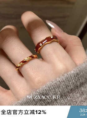 suzyacc kr本命年显白红色滴釉戒指圣诞新年小众气质食指戒指环女