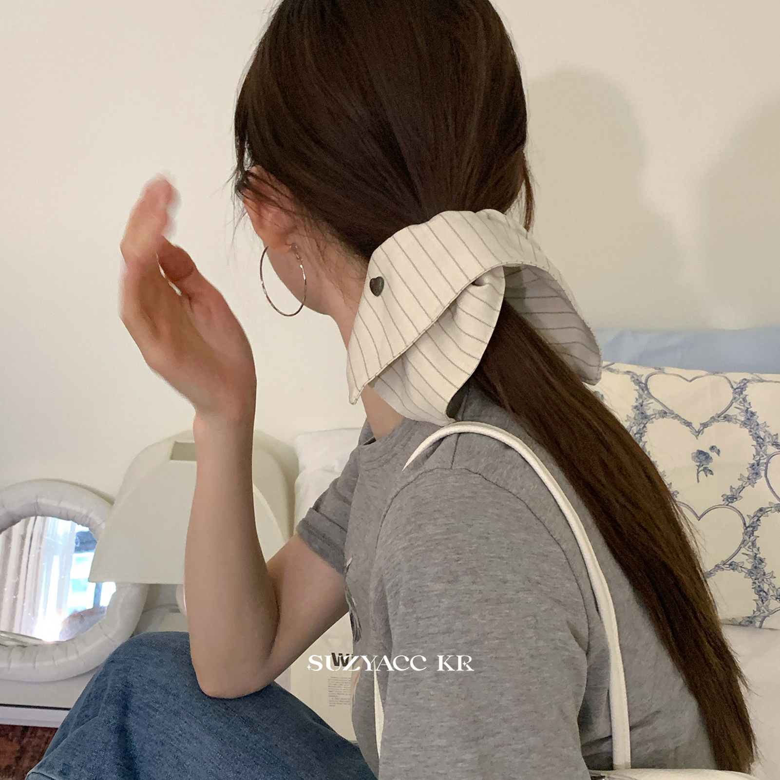 suzyacc kr小众简约高级Earlobe金晨同款条纹方巾低马尾发圈头绳