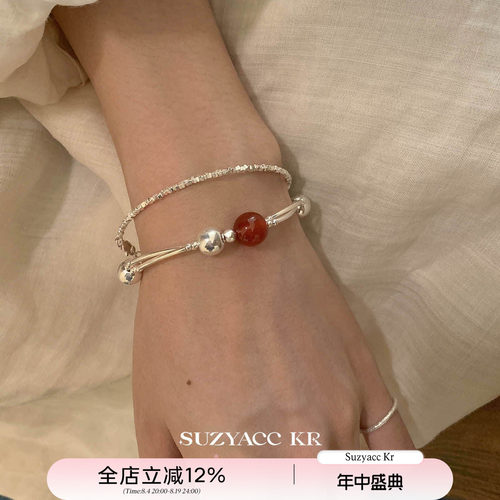 suzyacc kr轻奢简约红玛瑙纯银双层手链女早秋复古气质高级感手饰