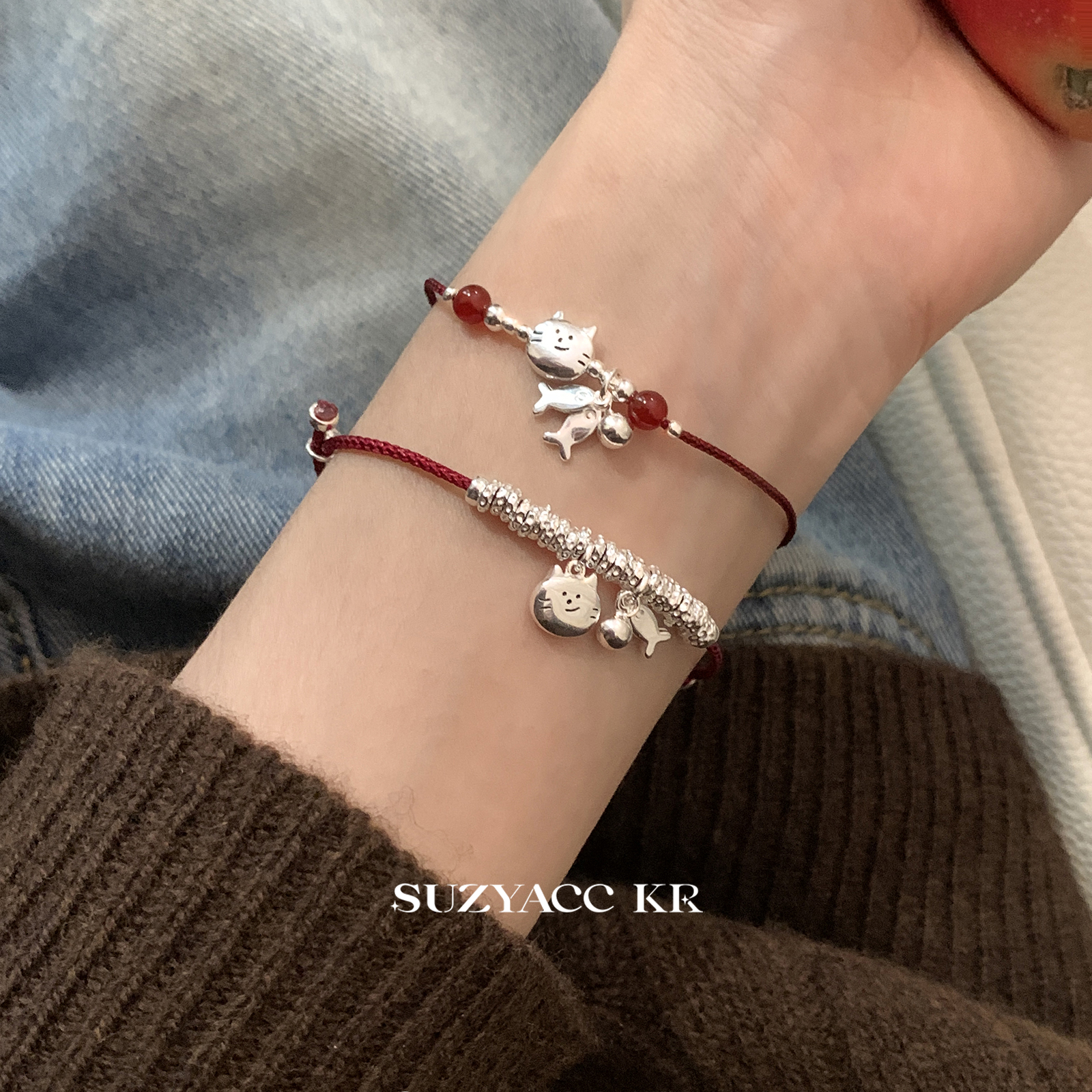 suzyacc kr碎银盘缠猫咪小鱼纯银红绳手链本命年百搭叠戴高级手饰