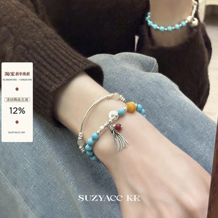 suzyacc kr纯银合成绿松石手链小众国风高级感复古显白银坨坨手串