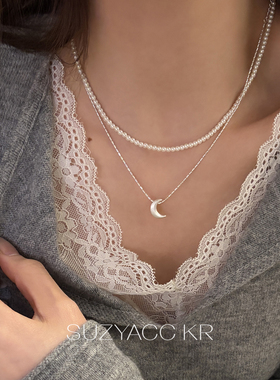 suzyacc kr法式珍珠月亮双层叠戴项链高级轻奢小众锁骨链简约颈链
