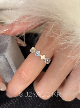 suzyacc kr手工拉丝四叶草水钻戒指女重工轻奢气质小众百搭食指戒