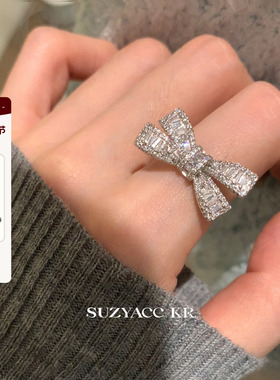 suzyacc kr轻奢重工满钻蝴蝶结戒指小众设计高级感食指戒可调节