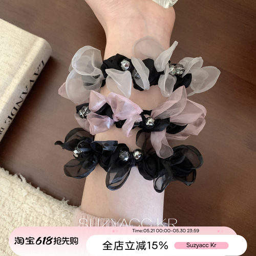 suzyacc kr温柔气质网纱花瓣水钻发圈女小众低马尾不伤发皮筋头绳