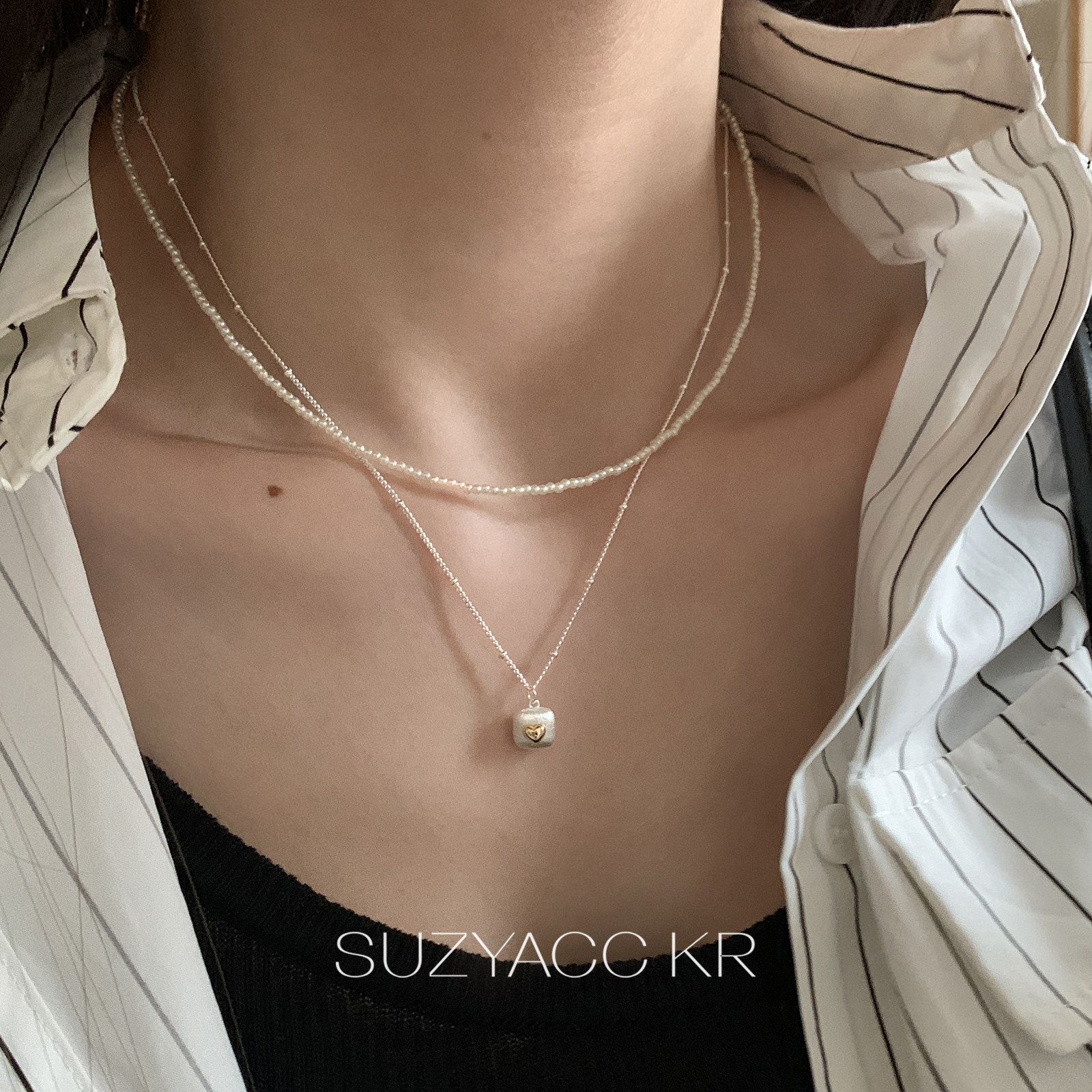 suzyacc kr爱心吊坠双层珍珠叠带项链2026新款精致百搭高级感颈链图片