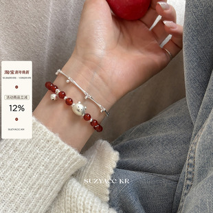 suzyacc kr显白足银小熊铃铛红玛瑙纯银手链本命年百搭叠戴手串女