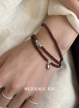suzyacc kr纯银石榴石多层串珠手链早秋复古百搭高级显白叠戴手串