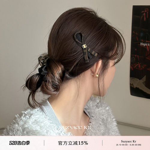 suzyacc kr格纹蝴蝶结发夹复古森系小众高级侧边夹个性百搭发饰女