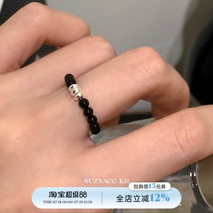 kr纯银圆片黑玛瑙戒指复古简约高级感食指戒可调节指环女 suzyacc