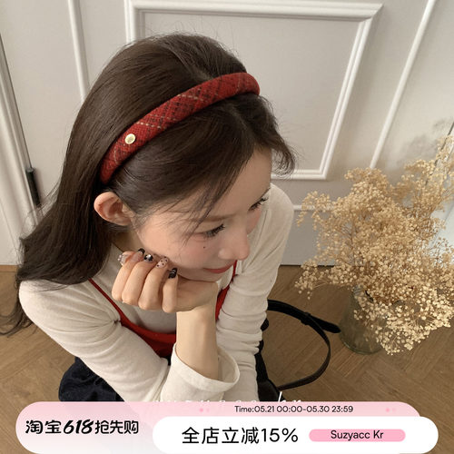 节日氛围感红色格子发箍