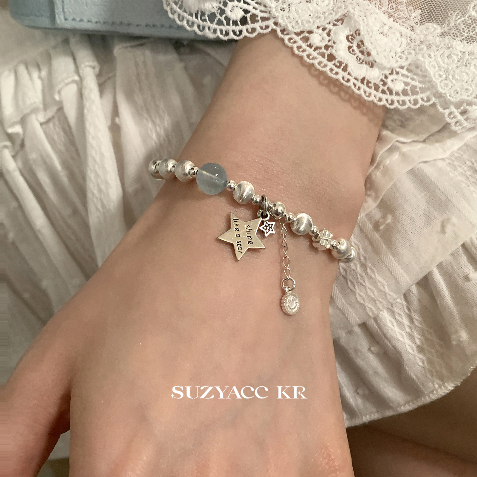 suzyacc kr纯银海蓝宝镭射猫眼珠手链轻奢小众精致清新高级感手饰