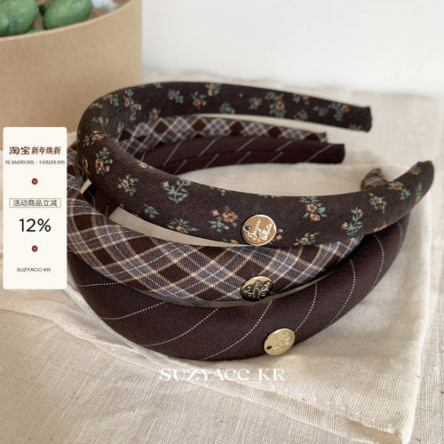 suzyacc kr秋冬美拉德格子碎花发箍女2025新款复古高颅顶发卡头箍