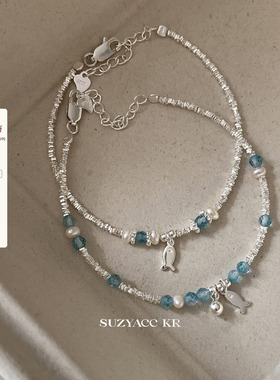 suzyacc kr纯银蓝色小鱼碎银手链轻奢小众精致百搭高级手饰女