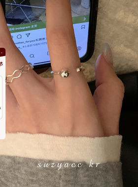 suzyacc kr轻奢高级感纯银双层波浪圆球开口戒指小众设计食指戒