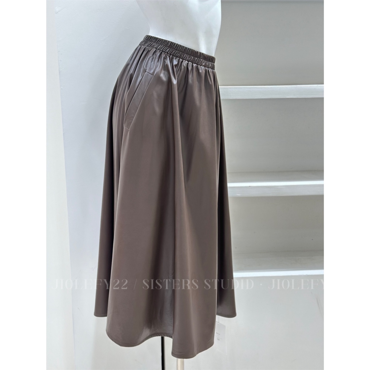 JILOEFY 秋季新款伞裙 高级感复古松紧腰大摆中长皮裙A字裙中长款