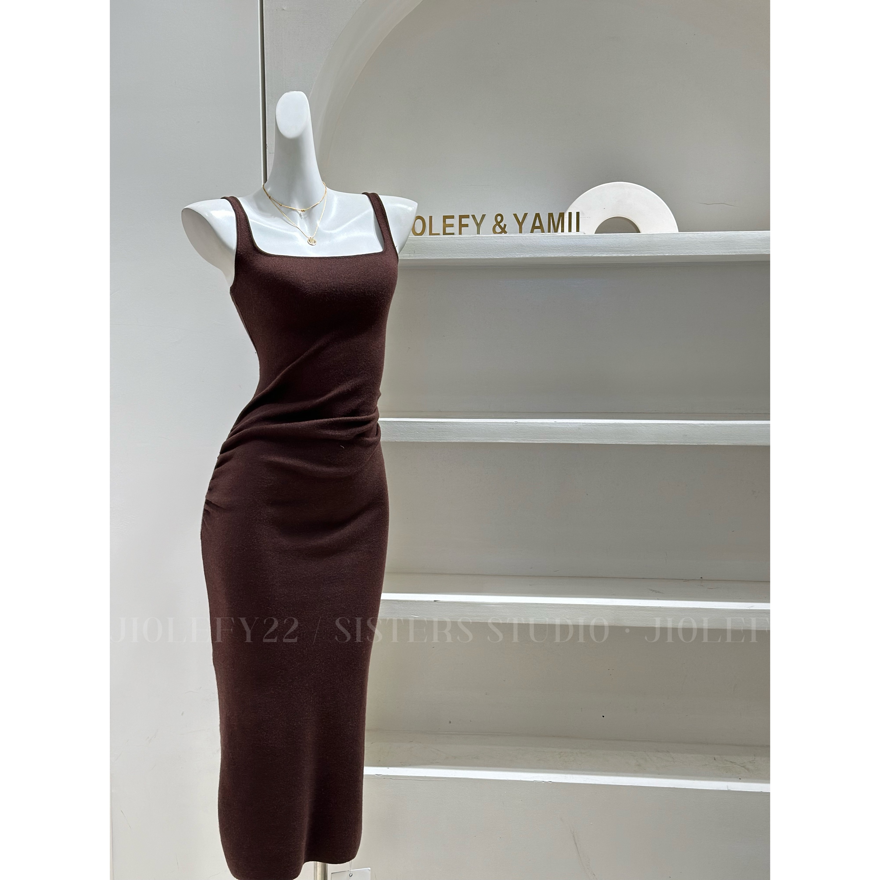 JIOLEFY22 方领吊带针织连衣裙秋长款收腰性感修身包臀裙子