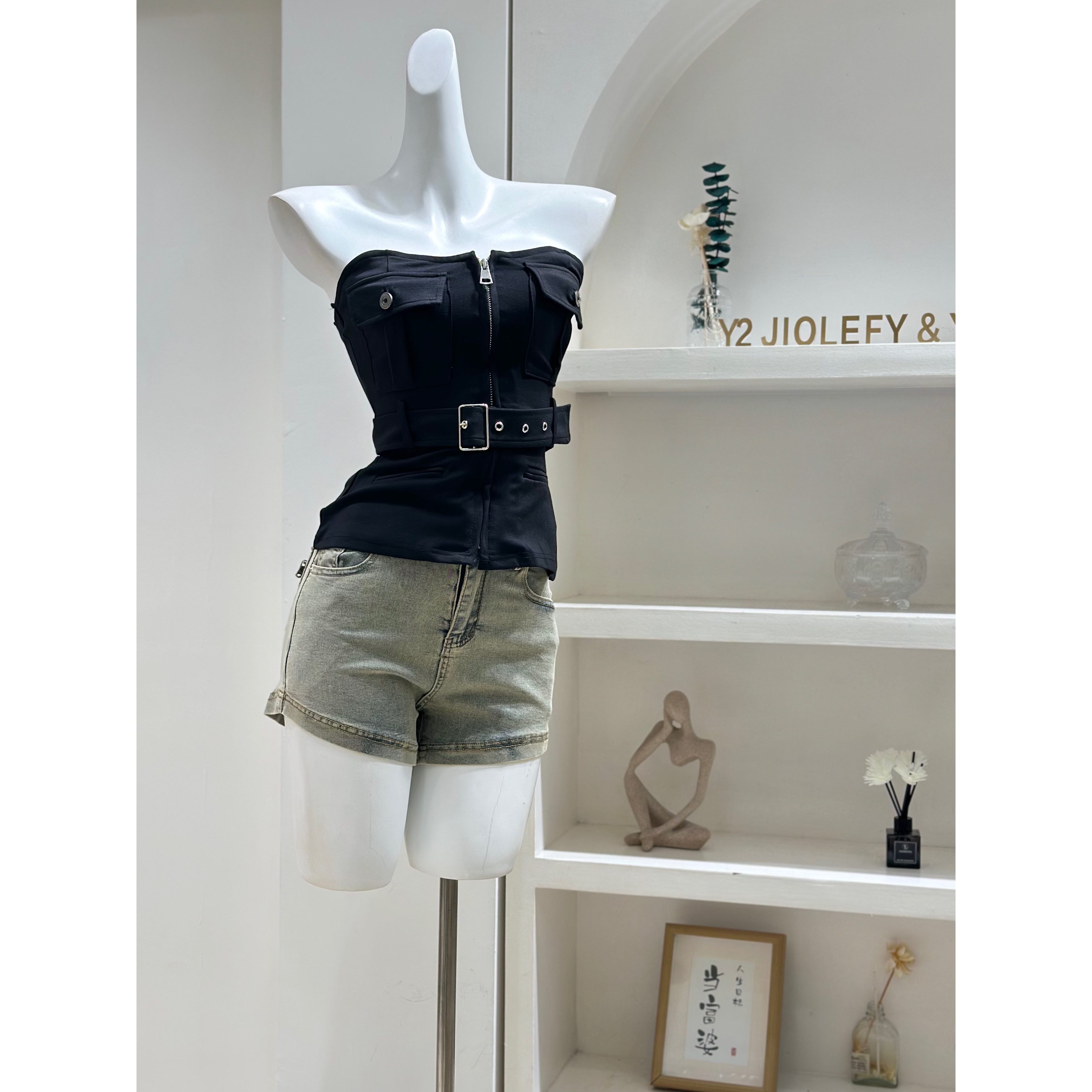 JILOEFY22 2023新款气质口袋修身性感收腰休闲抹胸上衣