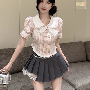 夏季 高腰短裙两件套 学院风JK制服甜辣妹洋气收腰短款 粉色蕾丝衬衫
