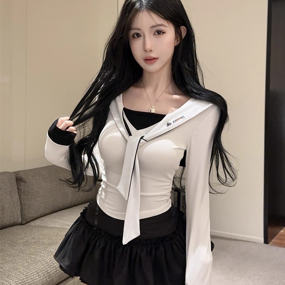 法式学院风jk制服套装假两件长袖