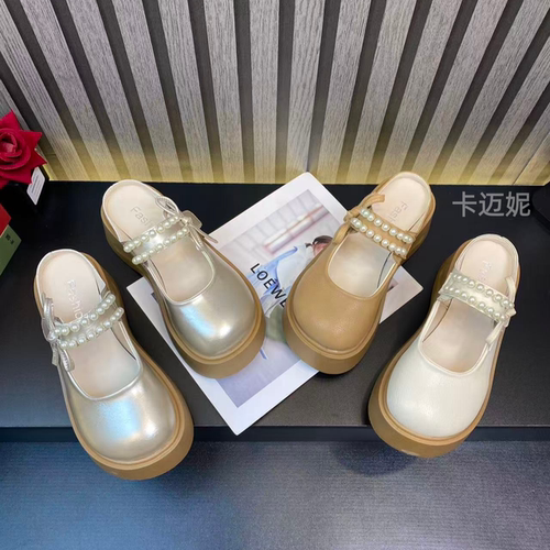帕依法式珍珠蝴蝶结包头半拖女