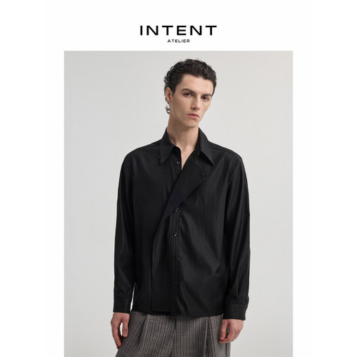 INTENT 朔影黑色解构不对称重叠门襟衬衫尖领长袖衬衣小众外套