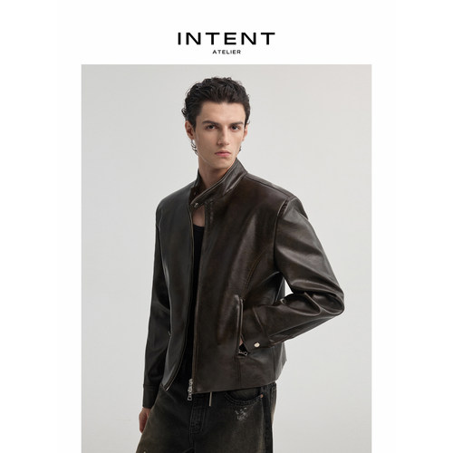 INTENT 暮棕立领机车皮衣夹克复古短款仿皮秋冬高级感外套