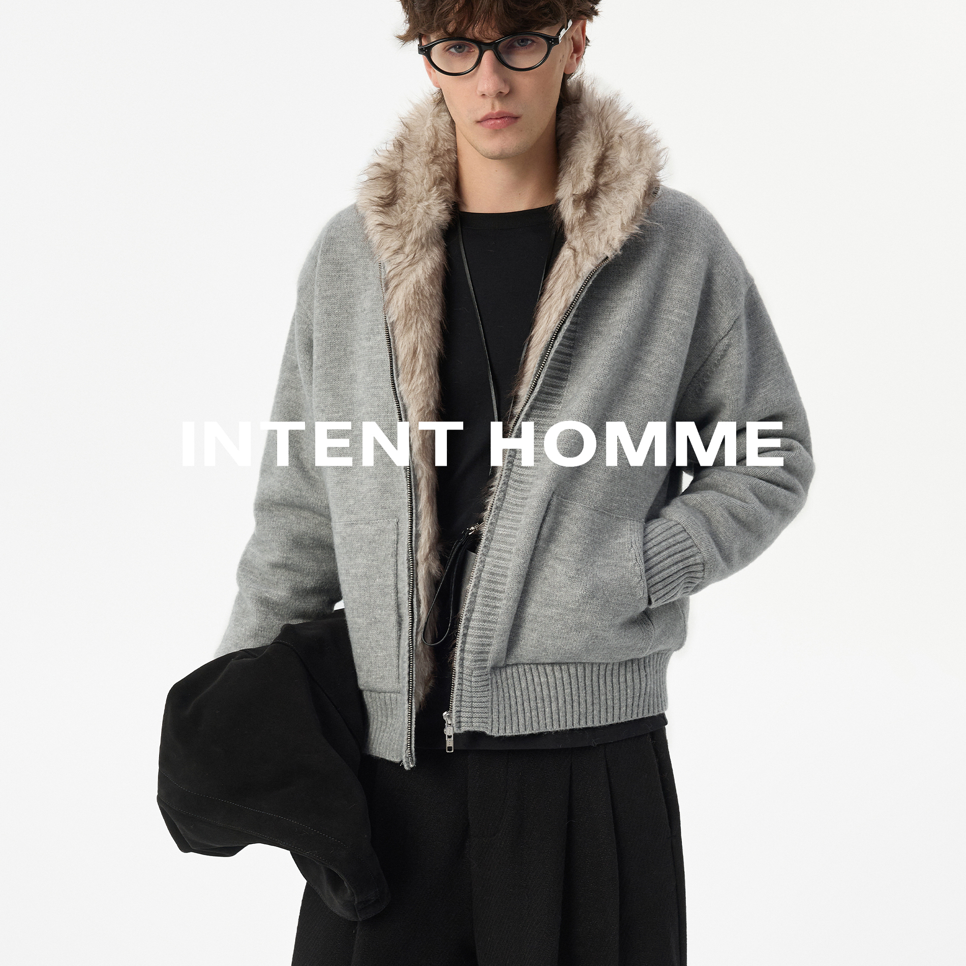 INTENT 针织毛衣雕冬季加厚保暖立领毛领开衫双拉链设计加绒外套