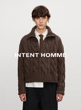 INTENT 浮雕绞花粗针多造型毛衣/美利奴羊毛混纺短宽廓形复古老钱