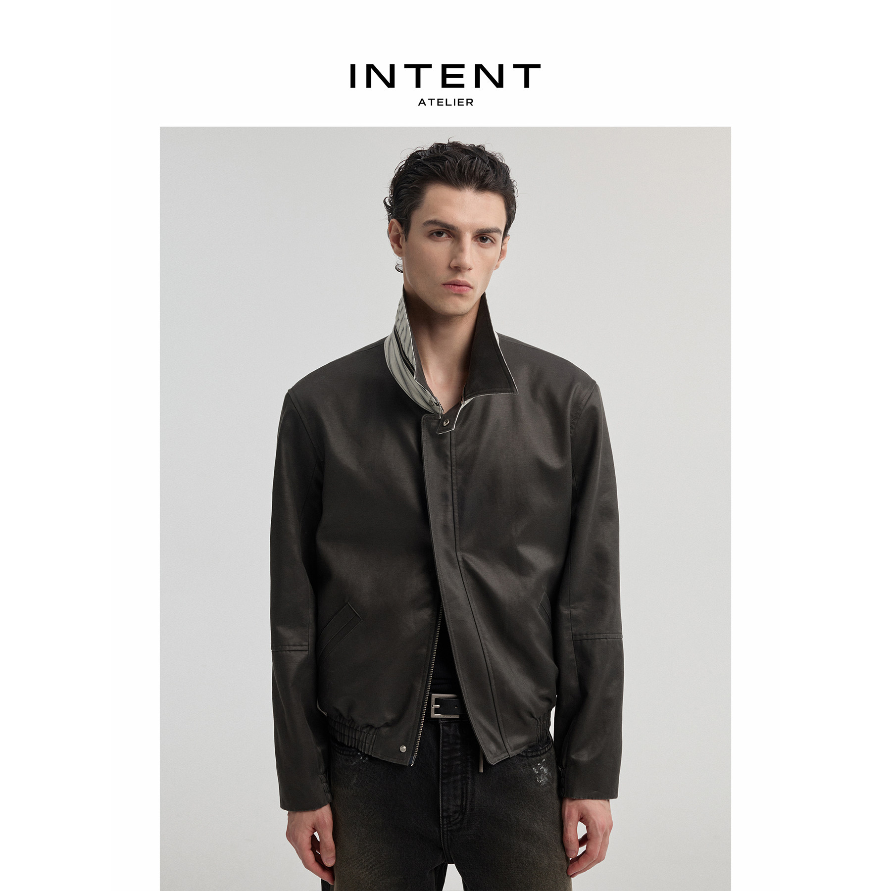 INTENT 多形态双面穿可拆卸领口涂层/条纹夹克合身版型翻领外套