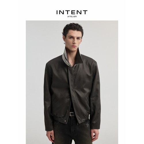 INTENT 多形态双面穿可拆卸领口涂层/条纹夹克合身版型翻领外套