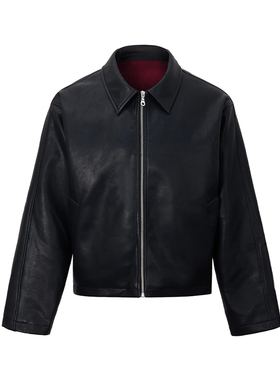 INTENT进口肌理PU皮短宽黑色皮衣Cleanfit男夹克外套安可拉红内里