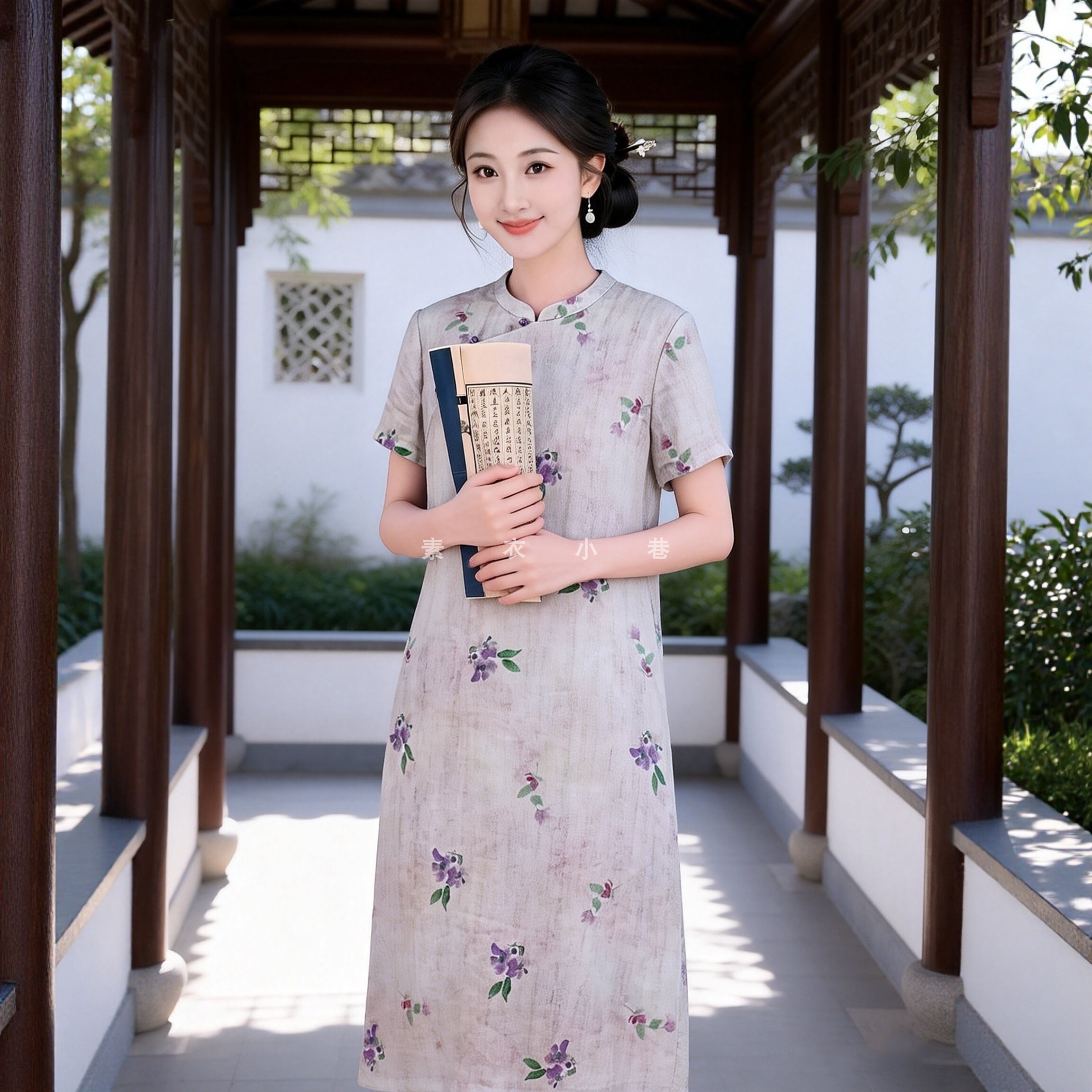 夏新中式紫色苎麻印花改良旗袍裙
