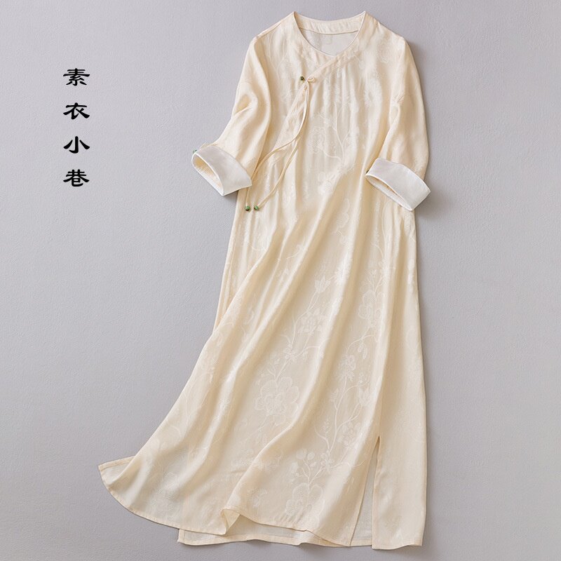 米杏色玉石扣宽松日常简约袍子