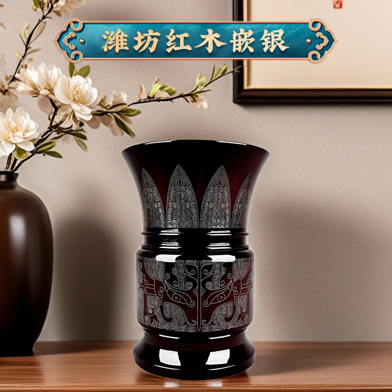 潍坊红木嵌银笔筒实木办公轻奢高级创意木质摆件中国风高端档大气