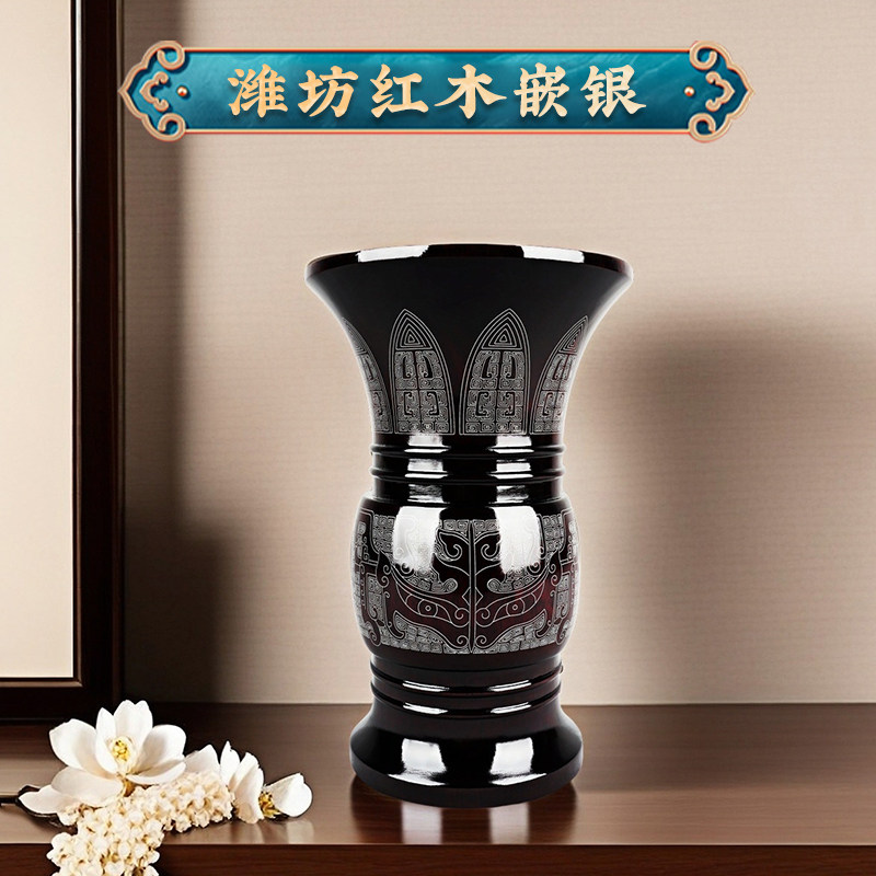 潍坊红木嵌银笔筒实木办公轻奢高级创意木质摆件中国风高端档大气