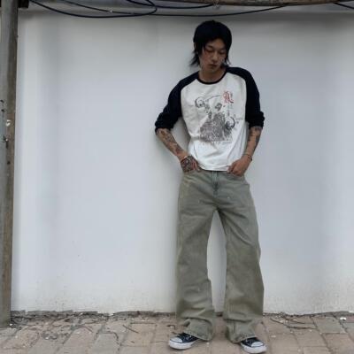 Tiesake吴氏太极拳插肩复古洗水做旧七分袖长袖vintage男女同款