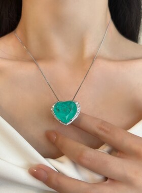 欧美微镶嵌帕拉伊巴心形项链女海洋之心古着祖母绿吊坠气质毛衣链